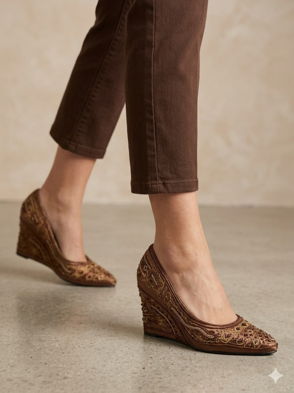 Wild Rose Embroidered Pointed-Toe Heels - Brown and Gold